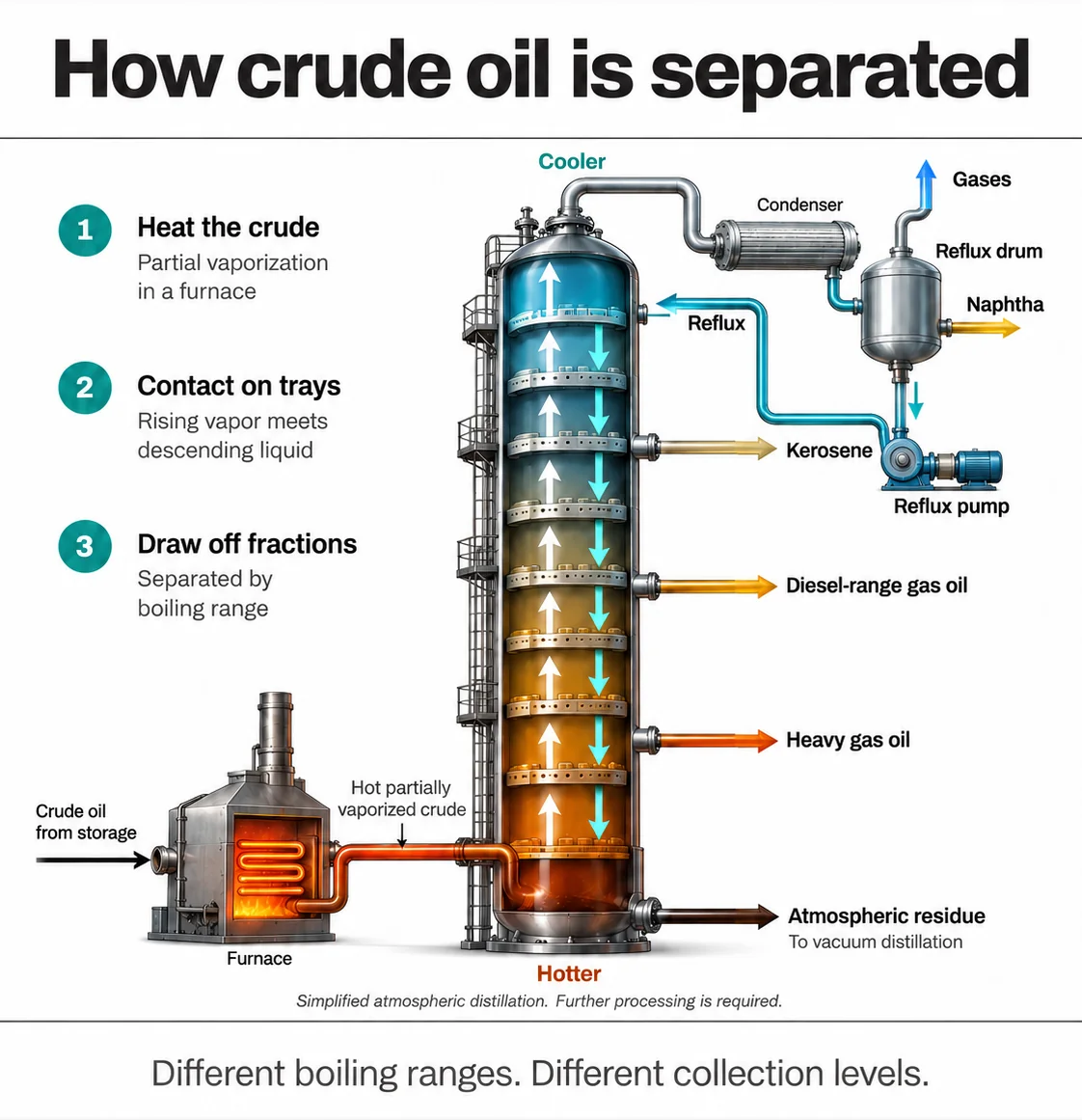 Annotated diagram of a crude oil distillation tower showing the furnace, trays, reflux drum and fractions drawn off by boiling range
