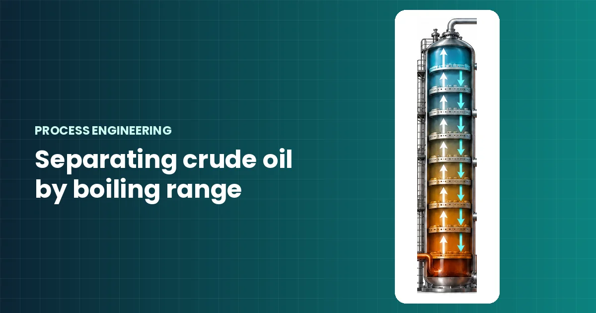 Crude oil distillation tower with colored trays showing vapor rising and liquid flowing down